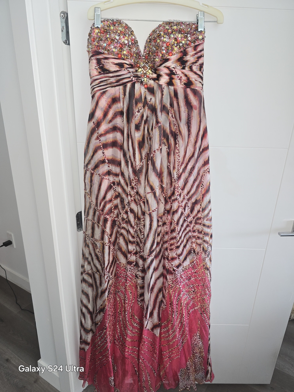 Tony Bowls Strapless Pink and Brown Beaded Prom Dress